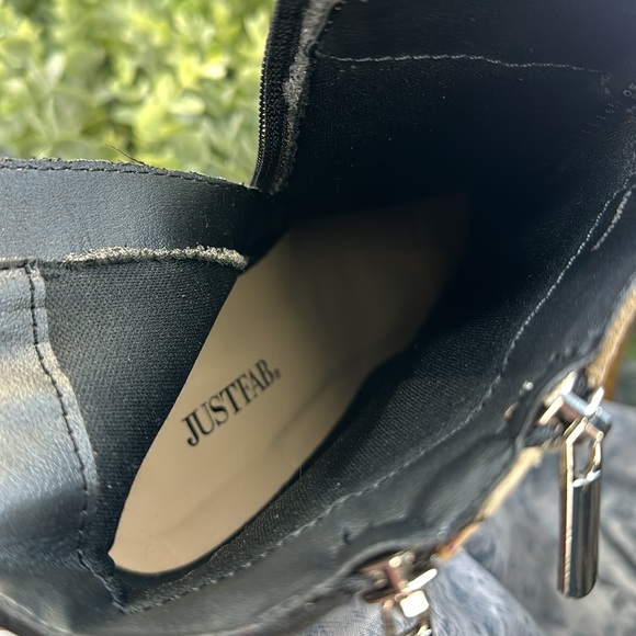 JustFab Remi Black Cream Tan Faux Suede 4.25” Heel Zip Dress Boots WMS 8W✨EUC✨ - Picture 7 of 15